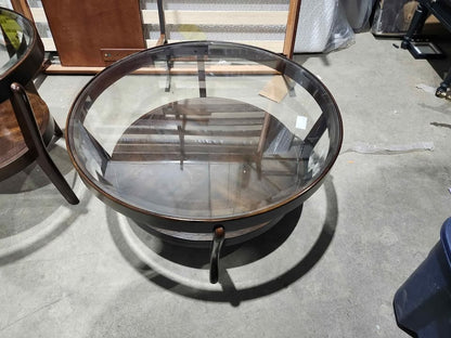 Round Mid-Century Oak & Glass Coffee Table