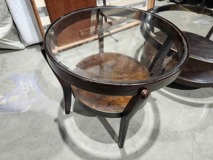 Round Mid-Century Oak & Glass Coffee Table