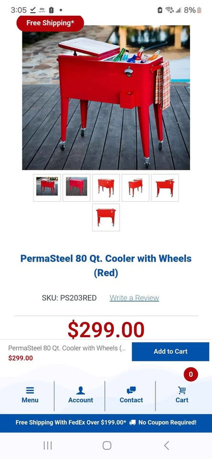 New! PermaSteel 80 Qt. Classic Outdoor Patio Cooler with Wheels (Red)