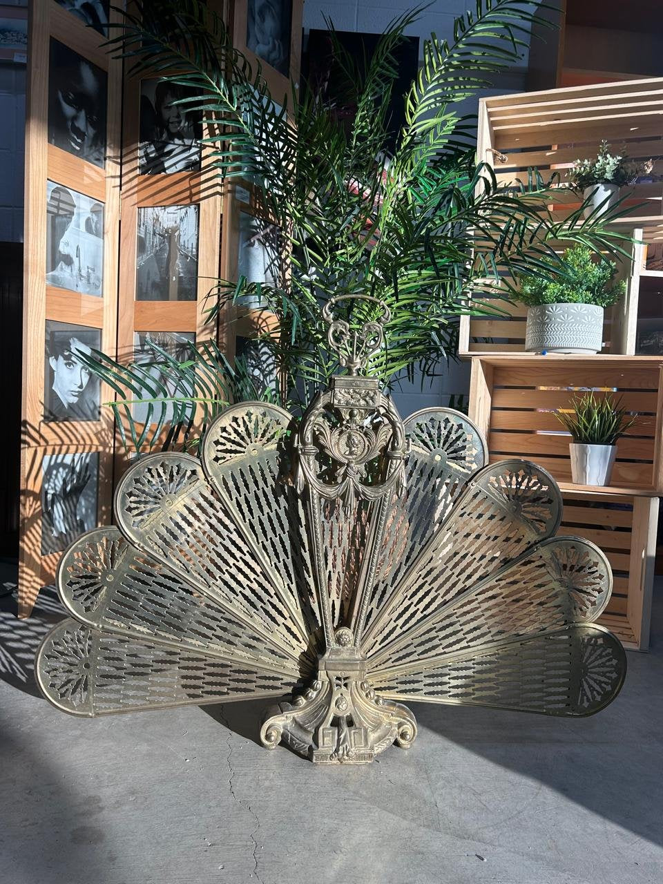 Vintage Victorian Gold Brass Fireplace cover - Peacock Fireplace Fan Folding Screen
