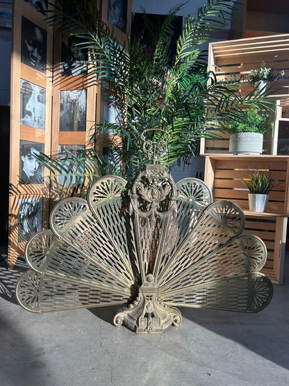 Vintage Victorian Gold Brass Fireplace cover - Peacock Fireplace Fan Folding Screen