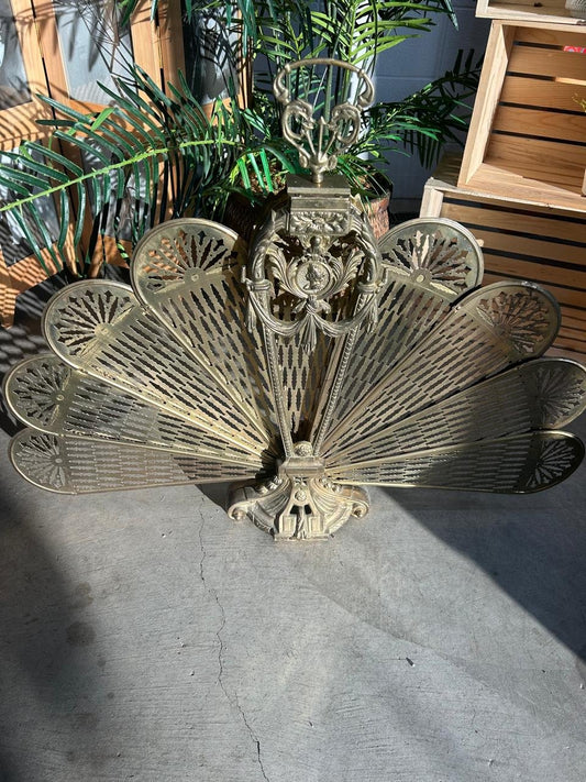 Vintage Victorian Gold Brass Fireplace cover - Peacock Fireplace Fan Folding Screen