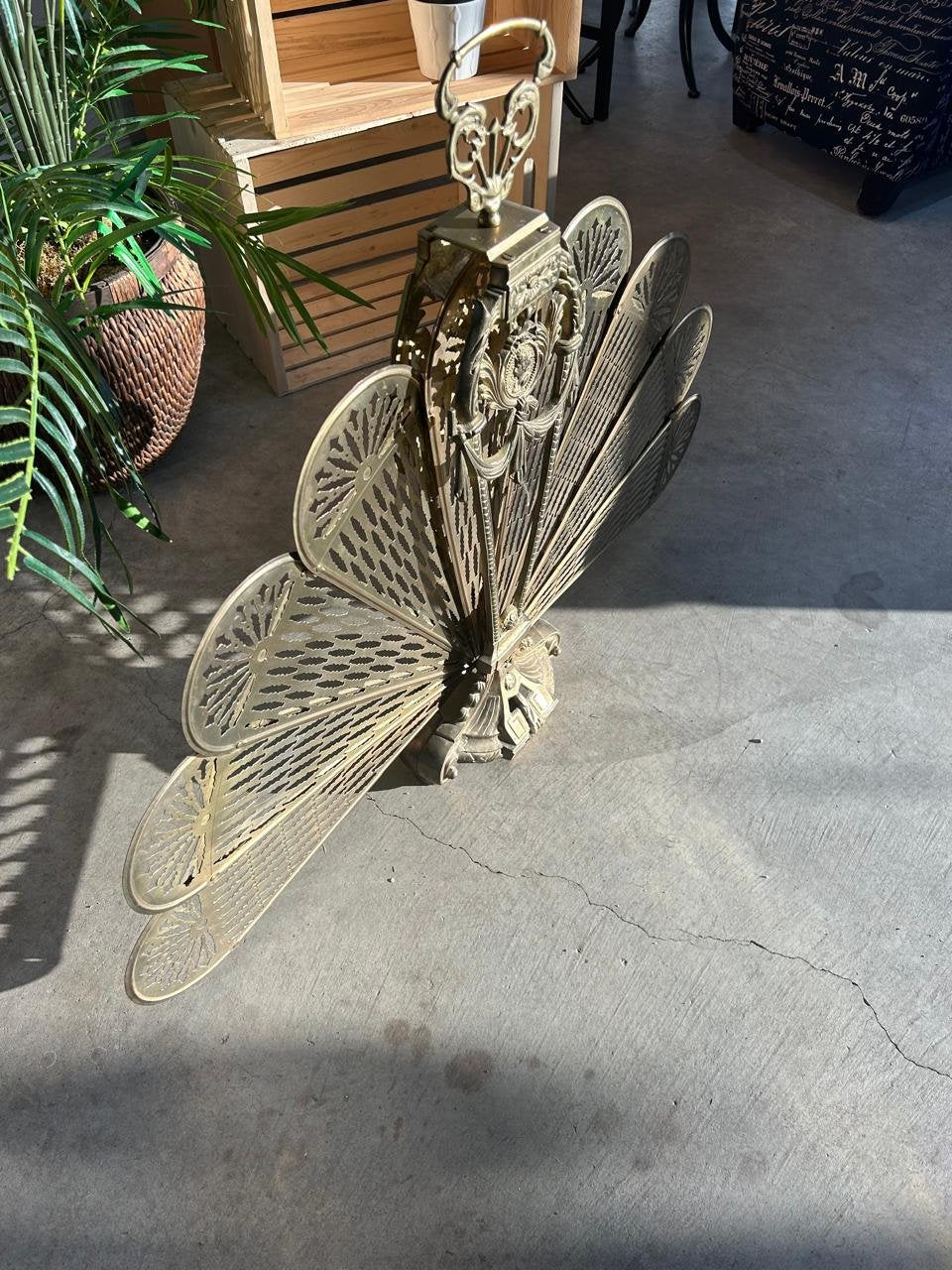 Vintage Victorian Gold Brass Fireplace cover - Peacock Fireplace Fan Folding Screen
