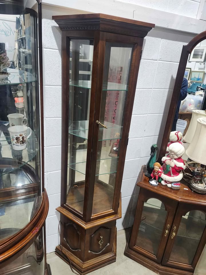 Vintage Curio Cabinet w/ Glass Shelves & Light