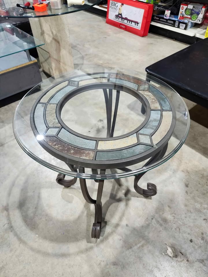 Ashley Furniture - Danbury Round Iron End Table with Slate/Glass Top