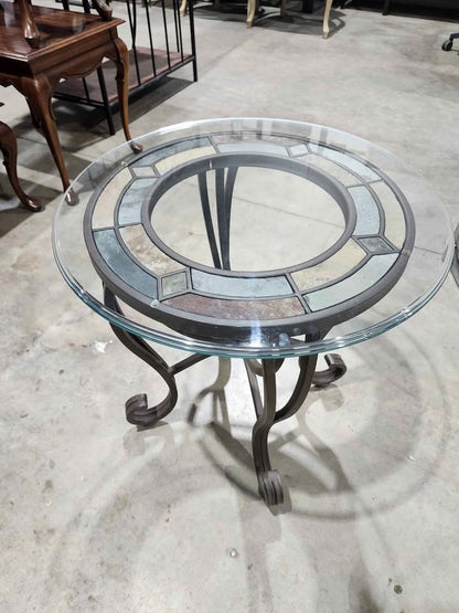 Ashley Furniture - Danbury Round Iron End Table with Slate/Glass Top