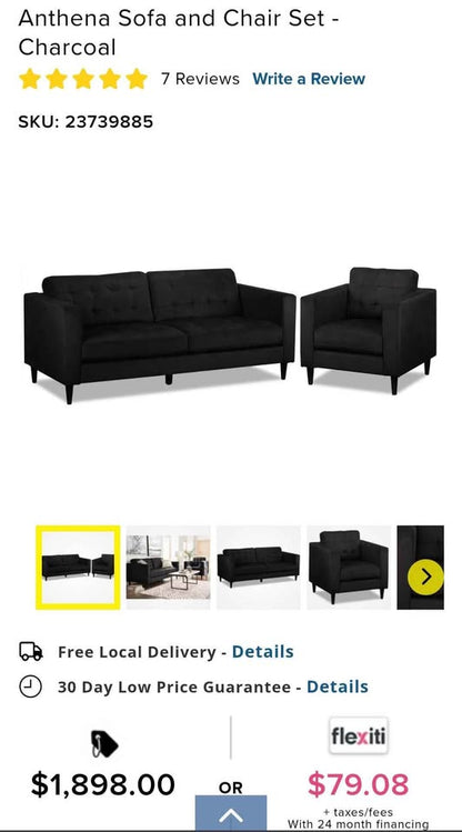 Anthena Polyester Sofa & Armchair - Charcoal (read description)