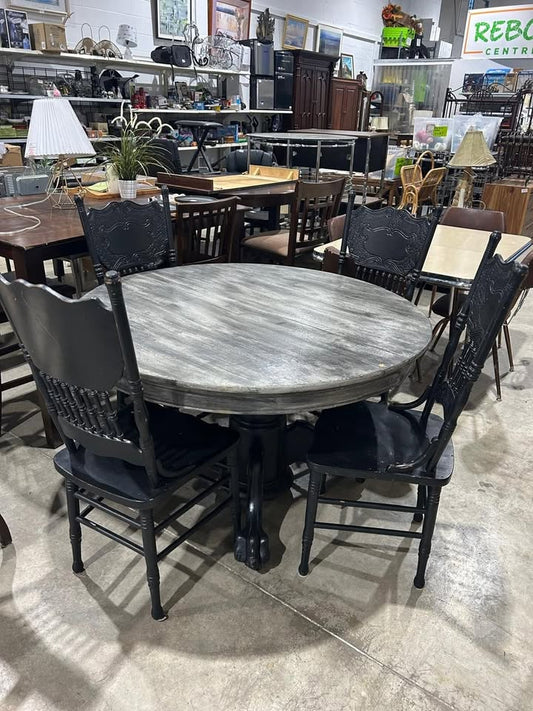 Dark Grey Round Table on Wheels + 4 Black Chairs