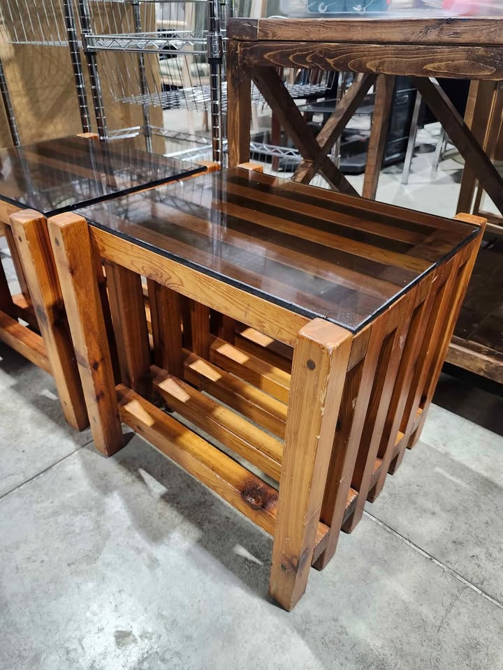 Natural Wooden/Glass Side/End Tables - 2 Available