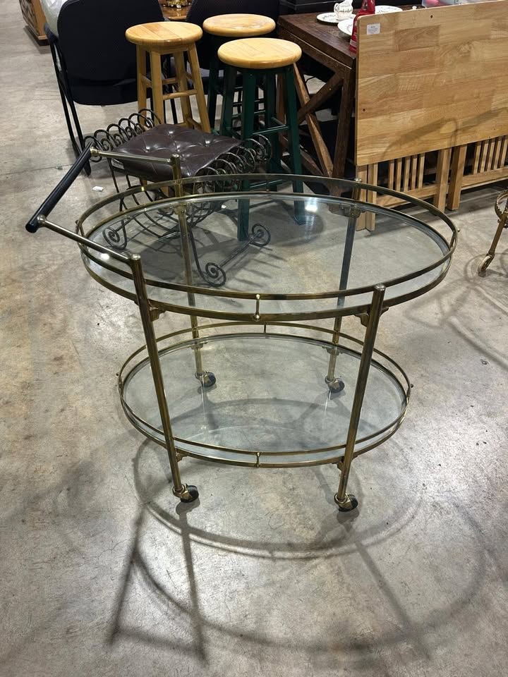 Vintage Oval Brass 2 Tier Bar Cart - RARE