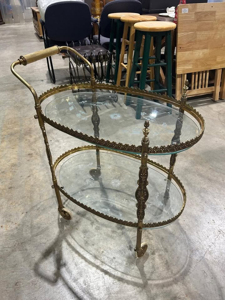 Vintage Oval Floral Design 2 tier Bar Cart - RARE