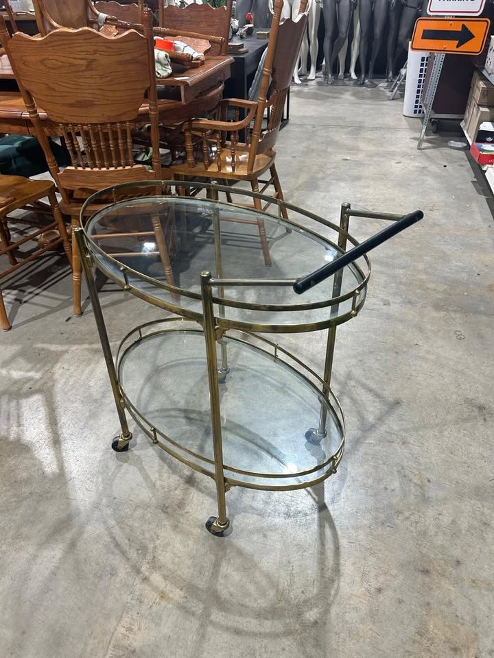 Vintage Oval Brass 2 Tier Bar Cart - RARE