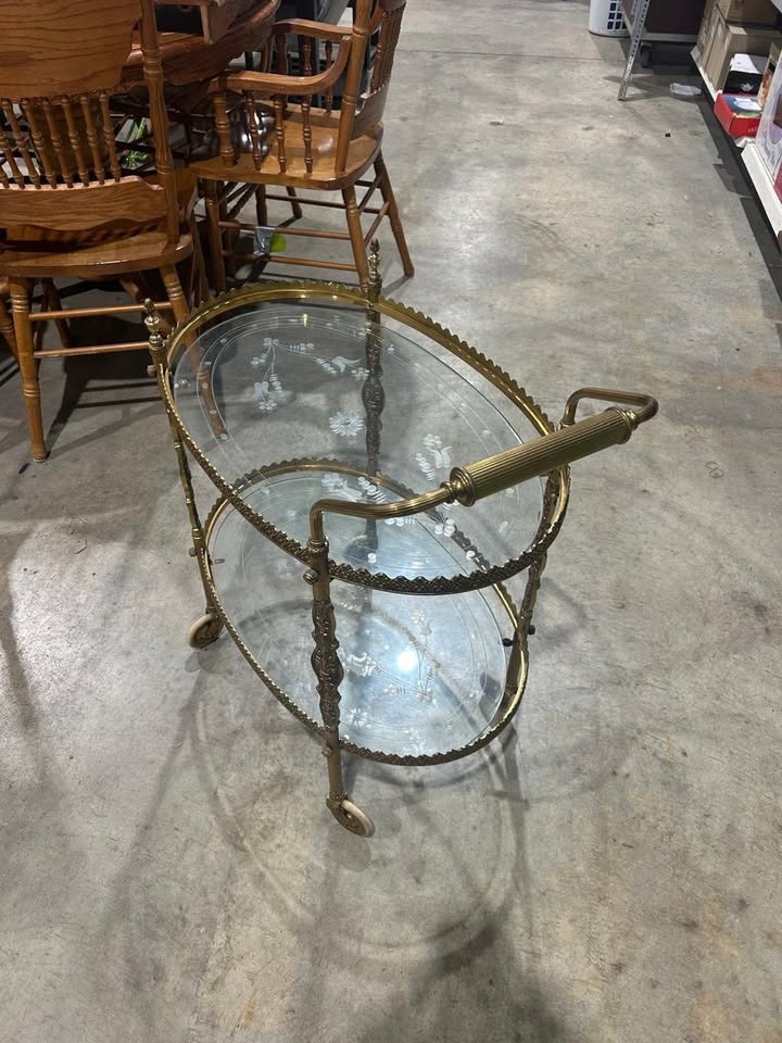 Vintage Oval Floral Design 2 tier Bar Cart - RARE