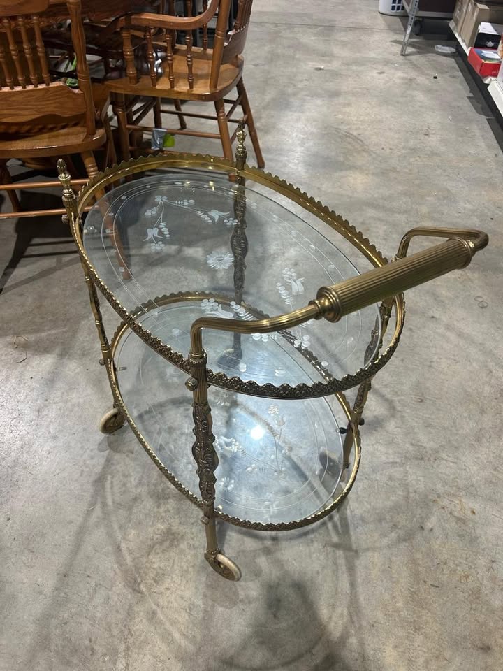 Vintage Oval Floral Design 2 tier Bar Cart - RARE