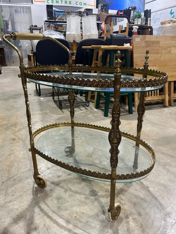 Vintage Oval Floral Design 2 tier Bar Cart - RARE