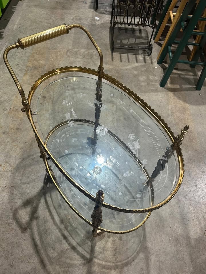 Vintage Oval Floral Design 2 tier Bar Cart - RARE