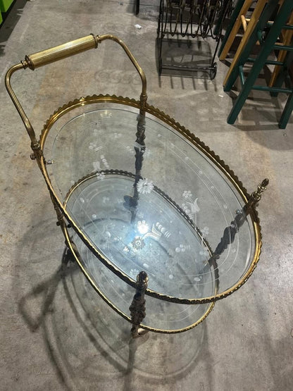 Vintage Oval Floral Design 2 tier Bar Cart - RARE