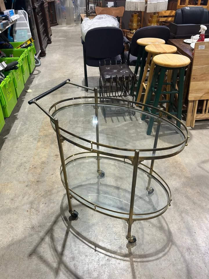 Vintage Oval Brass 2 Tier Bar Cart - RARE