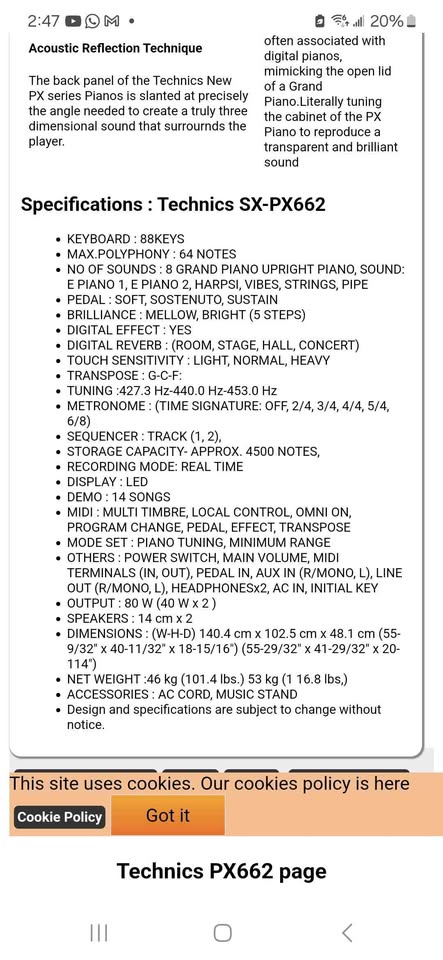 Technics SX-PX662 Digital Piano