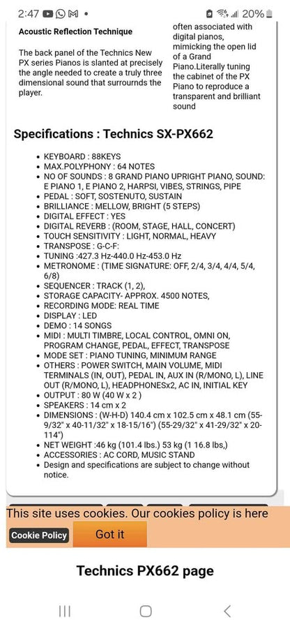 Technics SX-PX662 Digital Piano