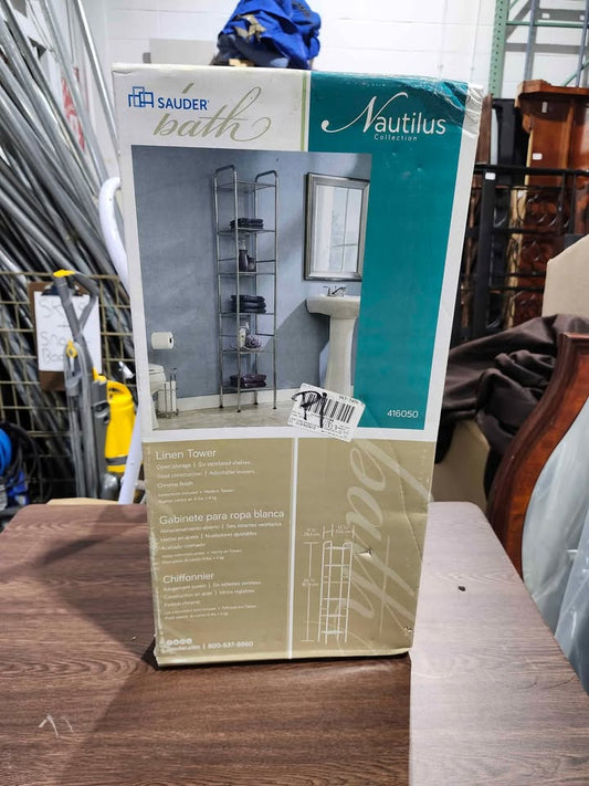 New! 'Sauder Bath' Linin Chrome Storage Tower