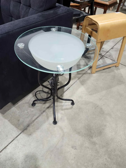 Round Glass/Steel Side Table with Inbuilt Lamp
