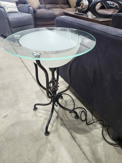 Round Glass/Steel Side Table with Inbuilt Lamp