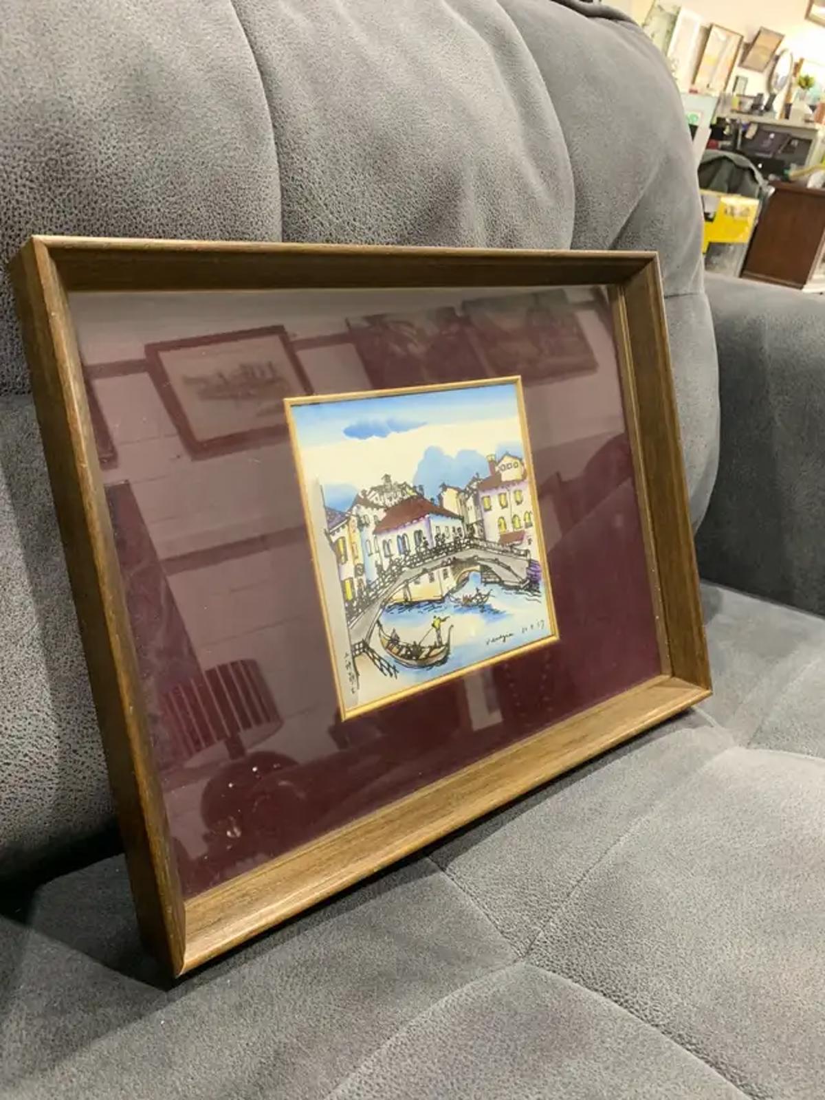Framed Hand Painted Tile of Venice Canal