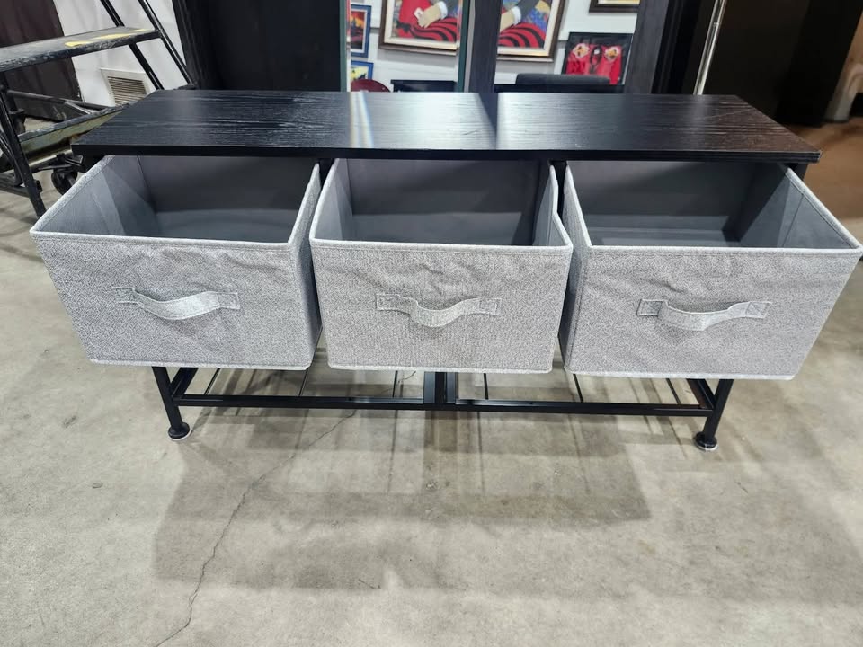 Black Metal and Wood Storage Organizer with Three Fabric Drawers