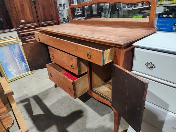 Antique Wooden Buffet Server with Mirror