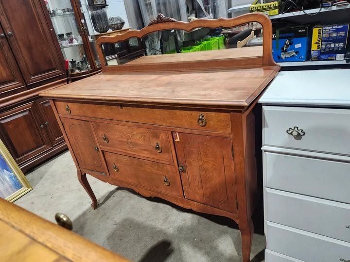 Antique Wooden Buffet Server with Mirror