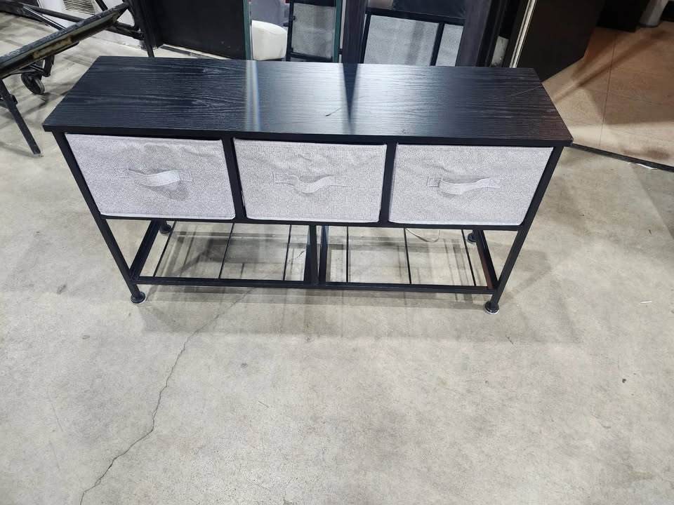 Black Metal and Wood Storage Organizer with Three Fabric Drawers