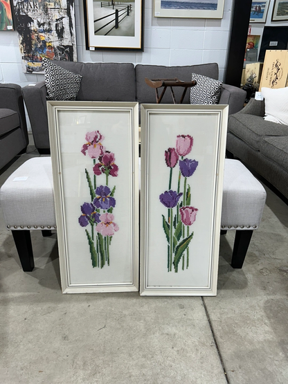 Pair of Vintage Needlepoint Floral Wall Art