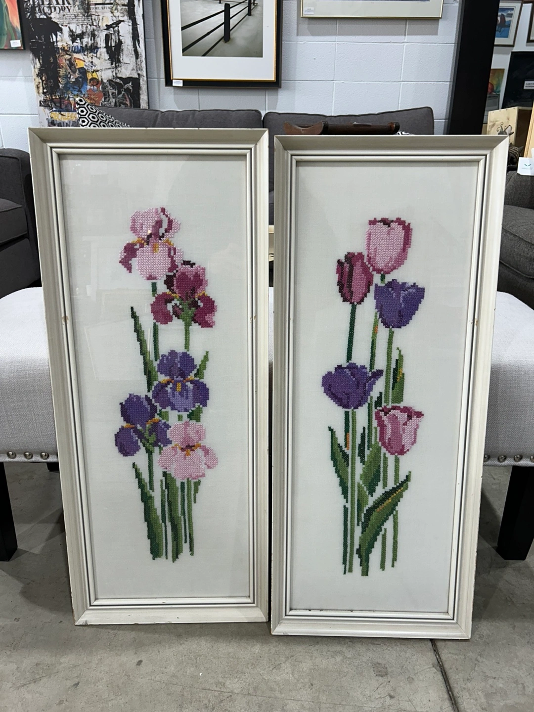 Pair of Vintage Needlepoint Floral Wall Art