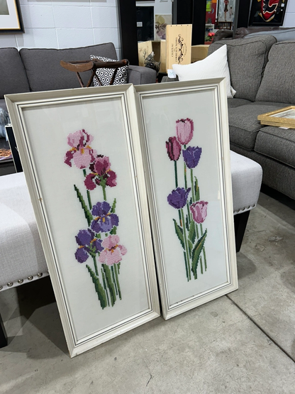 Pair of Vintage Needlepoint Floral Wall Art