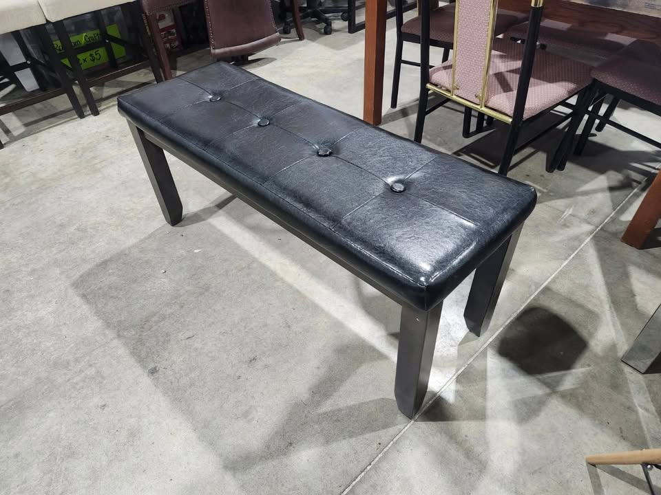 Black Leather Bench with Wooden Legs - Eztia