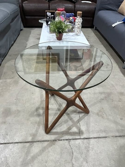 Glass Top End Table with Unique Wooden Base