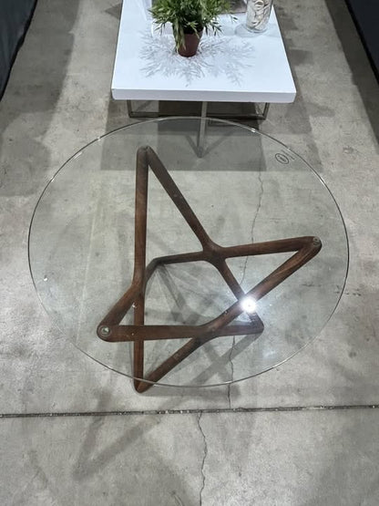 Glass Top End Table with Unique Wooden Base