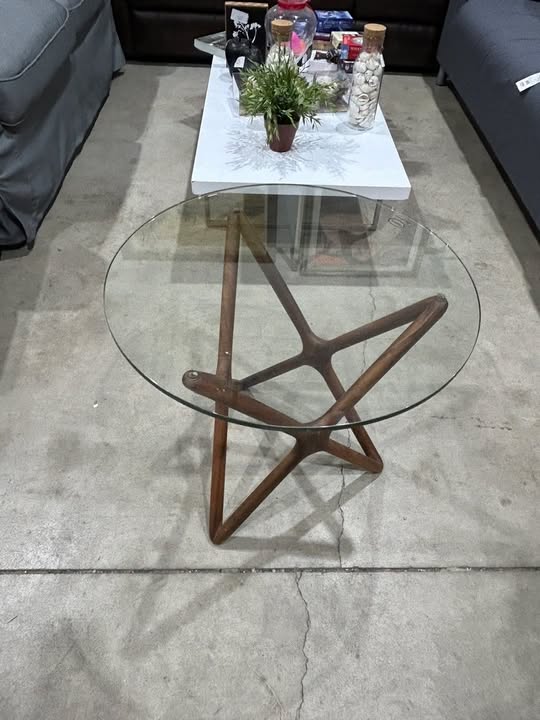 Glass Top End Table with Unique Wooden Base