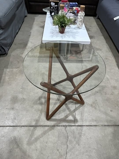 Glass Top End Table with Unique Wooden Base