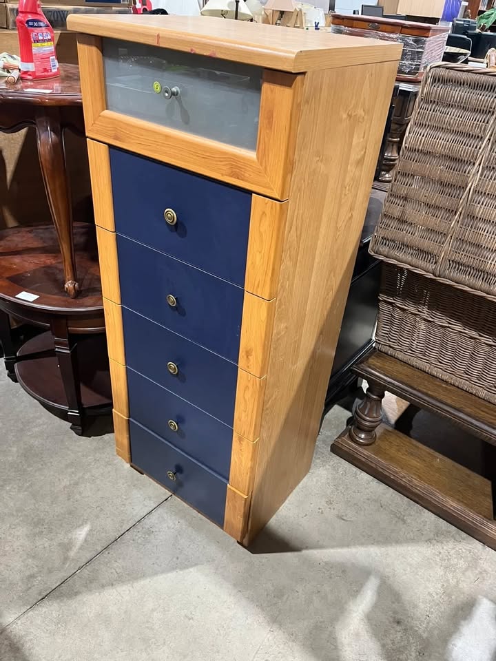 Tall Five-Drawer Chest - Blue and Oak