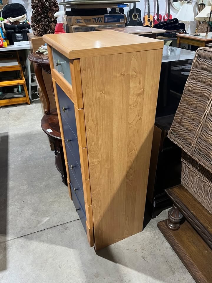 Tall Five-Drawer Chest - Blue and Oak