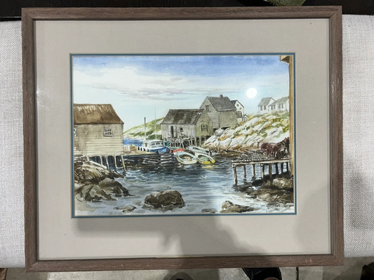 Framed Watercolor Painting of Coastal Scene