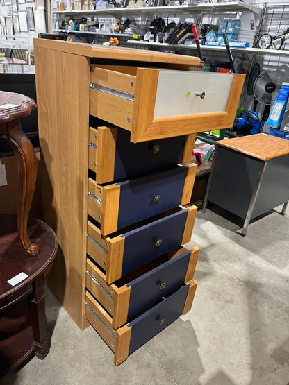 Tall Five-Drawer Chest - Blue and Oak