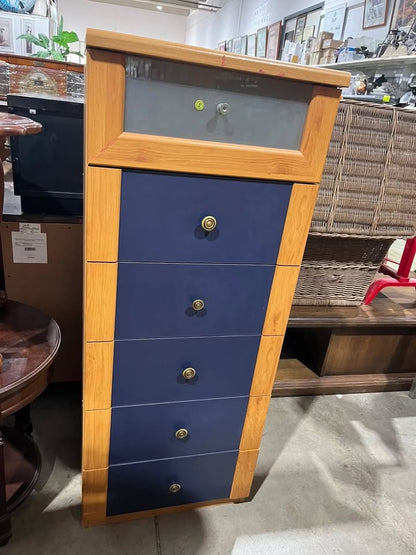 Tall Five-Drawer Chest - Blue and Oak