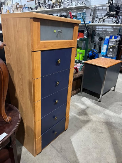 Tall Five-Drawer Chest - Blue and Oak