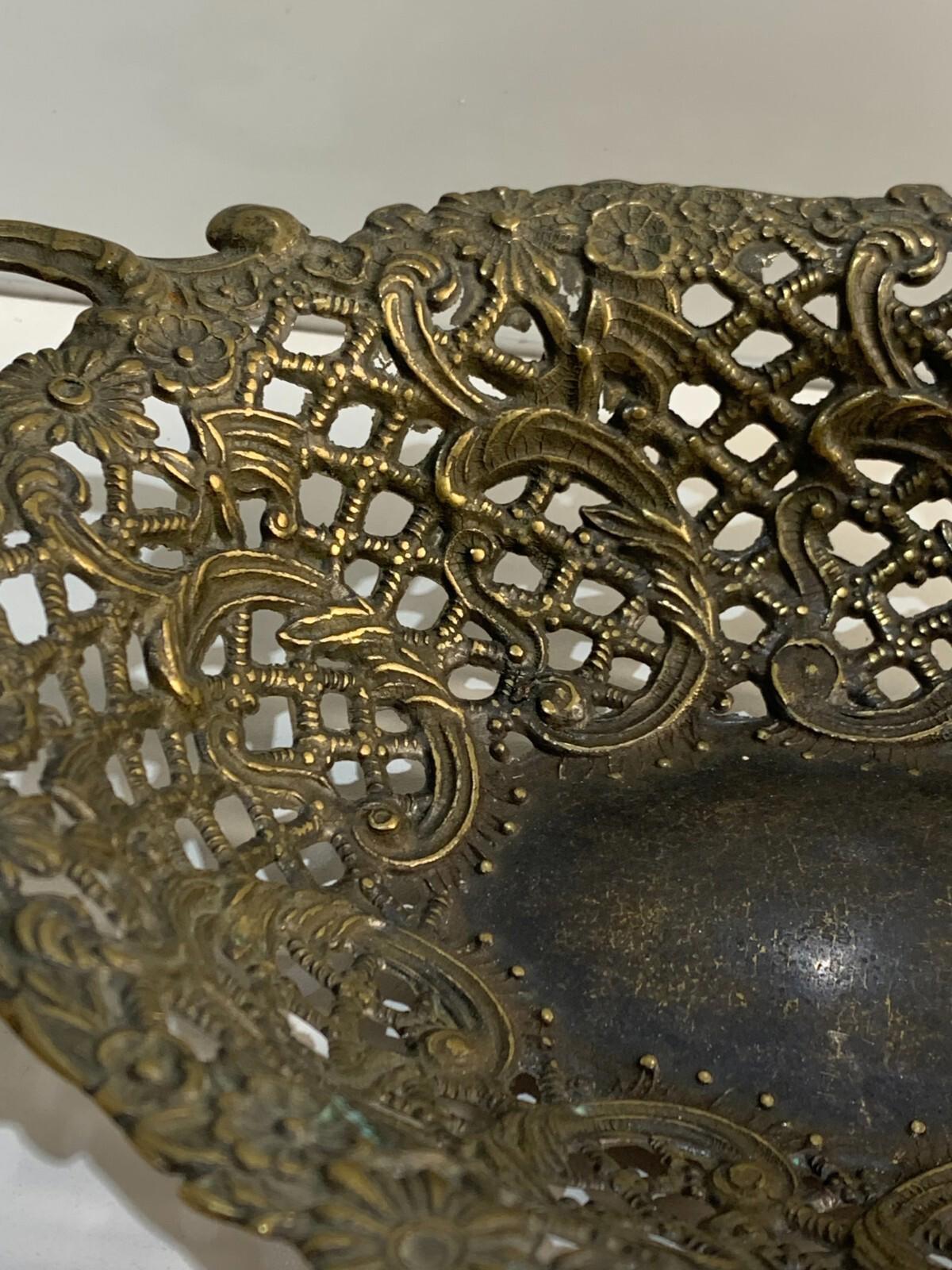 Vintage Fancy Bronze Brass Reticulated Basket or Bowl with Rococo Design