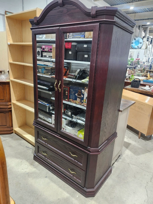 Dark Wood Armoire with Mirrored Doors and Drawers