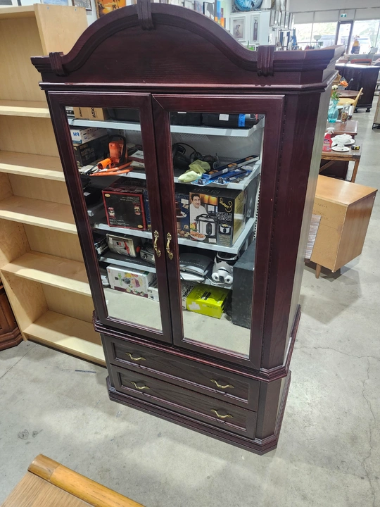 Dark Wood Armoire with Mirrored Doors and Drawers