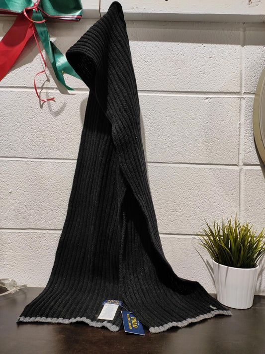 NWT Polo Ralph Lauren Men's Black 35% LambsWool Classic Ribbed Knit Logo Scarf